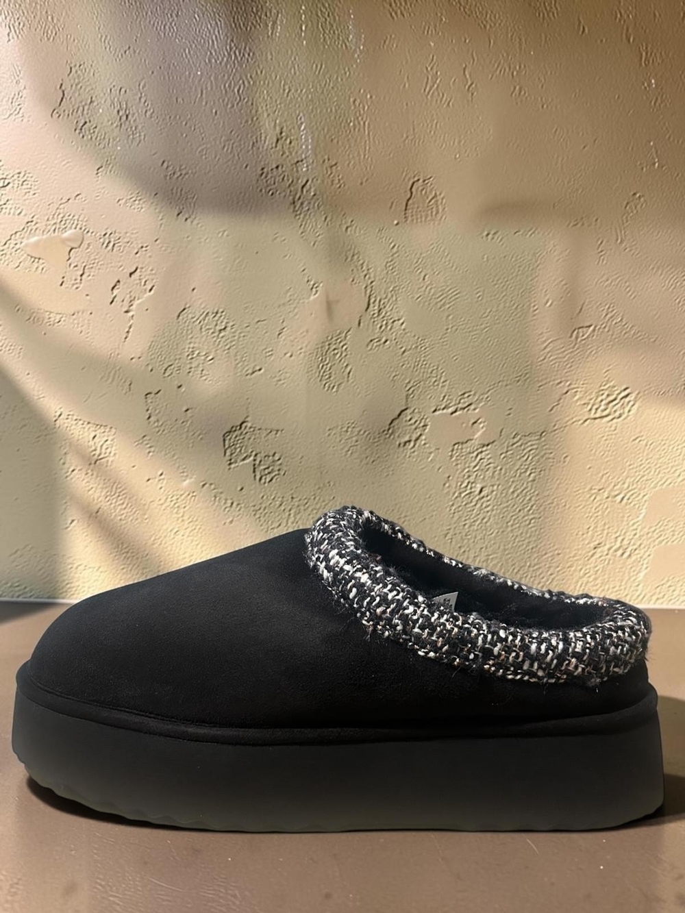 Steve Madden Womans Black Platform Slip-On Clog with Tweed Collar
